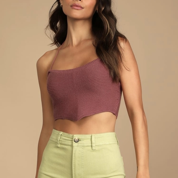 Lulus Trend to Keep Ribbed Knit Halter Cropped Sweater Tank Top Mauve Pink Small - Picture 10 of 10